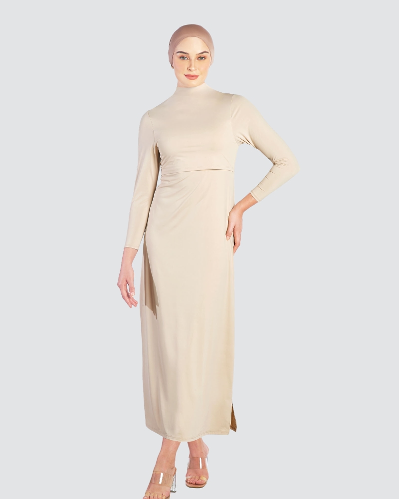 Image of NWEAR HIGH NECK LONG SLEEVE DRESS - WHEAT